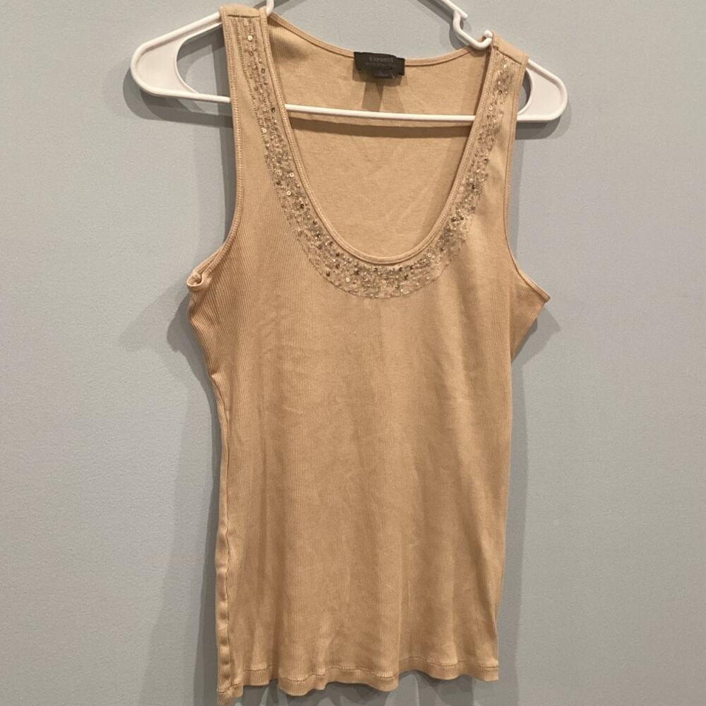 Vtg Express Women Beaded Tank Top Forest Fairy Y2K Pima Cotton Tan Bella Swan L